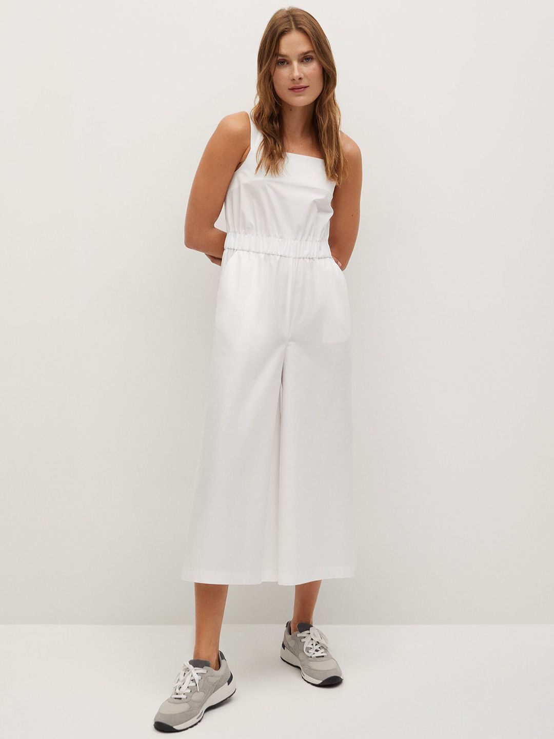 MANGO Women White Solid Sustainable Basic Cropped Jumpsuit Price in India