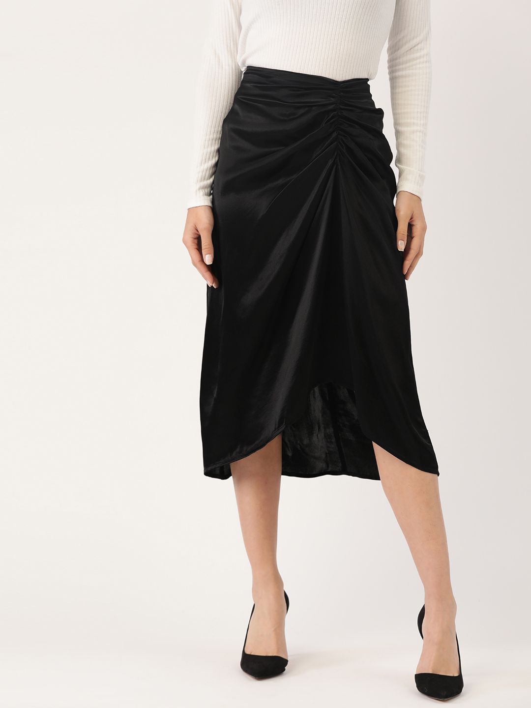 Mango Women Sustainable Black Satin Finish Solid Tulip Skirt