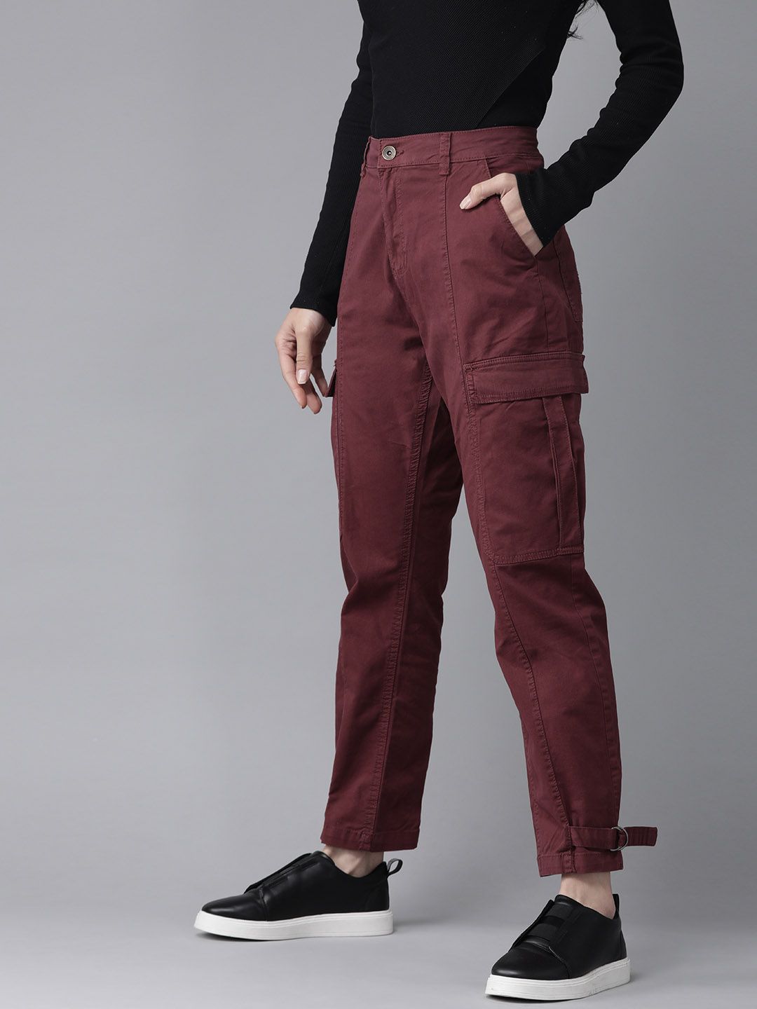 The Roadster Lifestyle Co Women Burgundy Relaxed Fit Solid Cargos Price in India