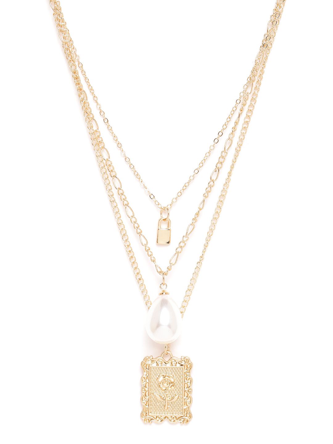 20Dresses Women Gold-Toned & White Beaded Layered Necklace with Carved Rose Detail Price in India