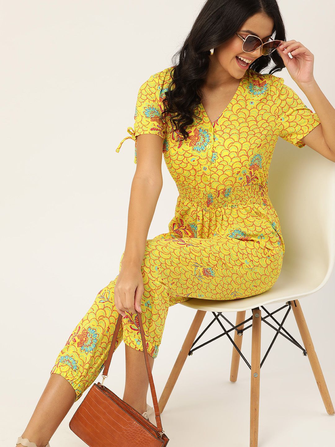 DressBerry Women Yellow & Pink Ethnic Motifs Print Basic Jumpsuit with Tie-Ups Price in India