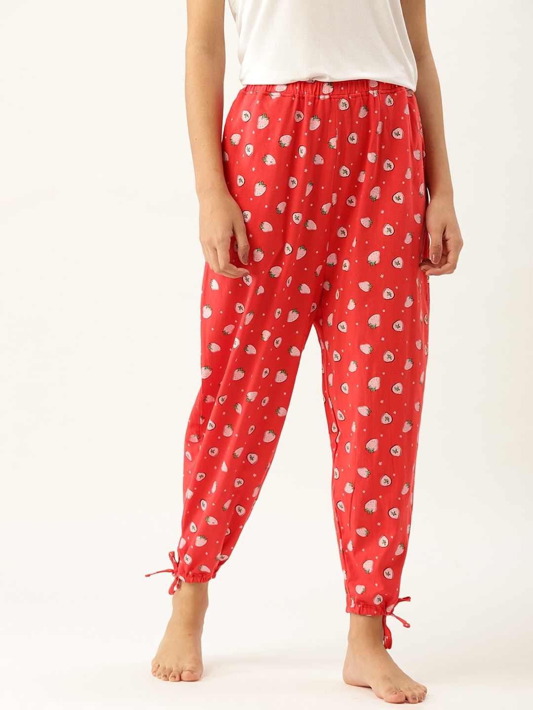 DressBerry Women Coral Red Printed Pure Cotton Joggers Lounge Pants Price in India