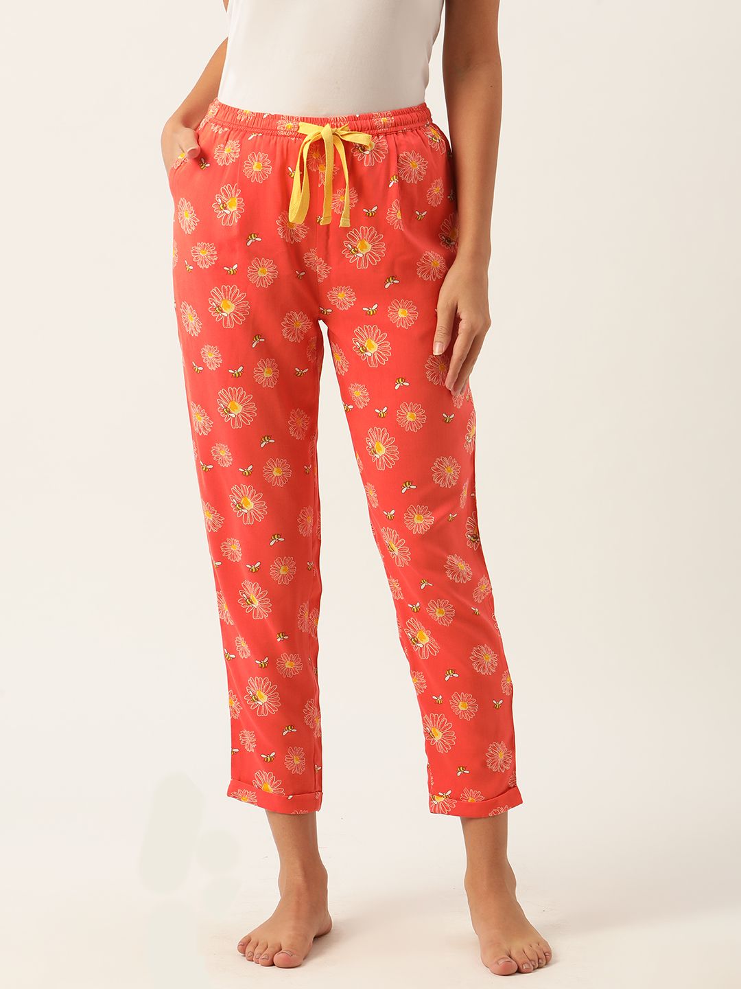 DressBerry Women Coral Orange & White Floral Printed Lounge Pants Price in India