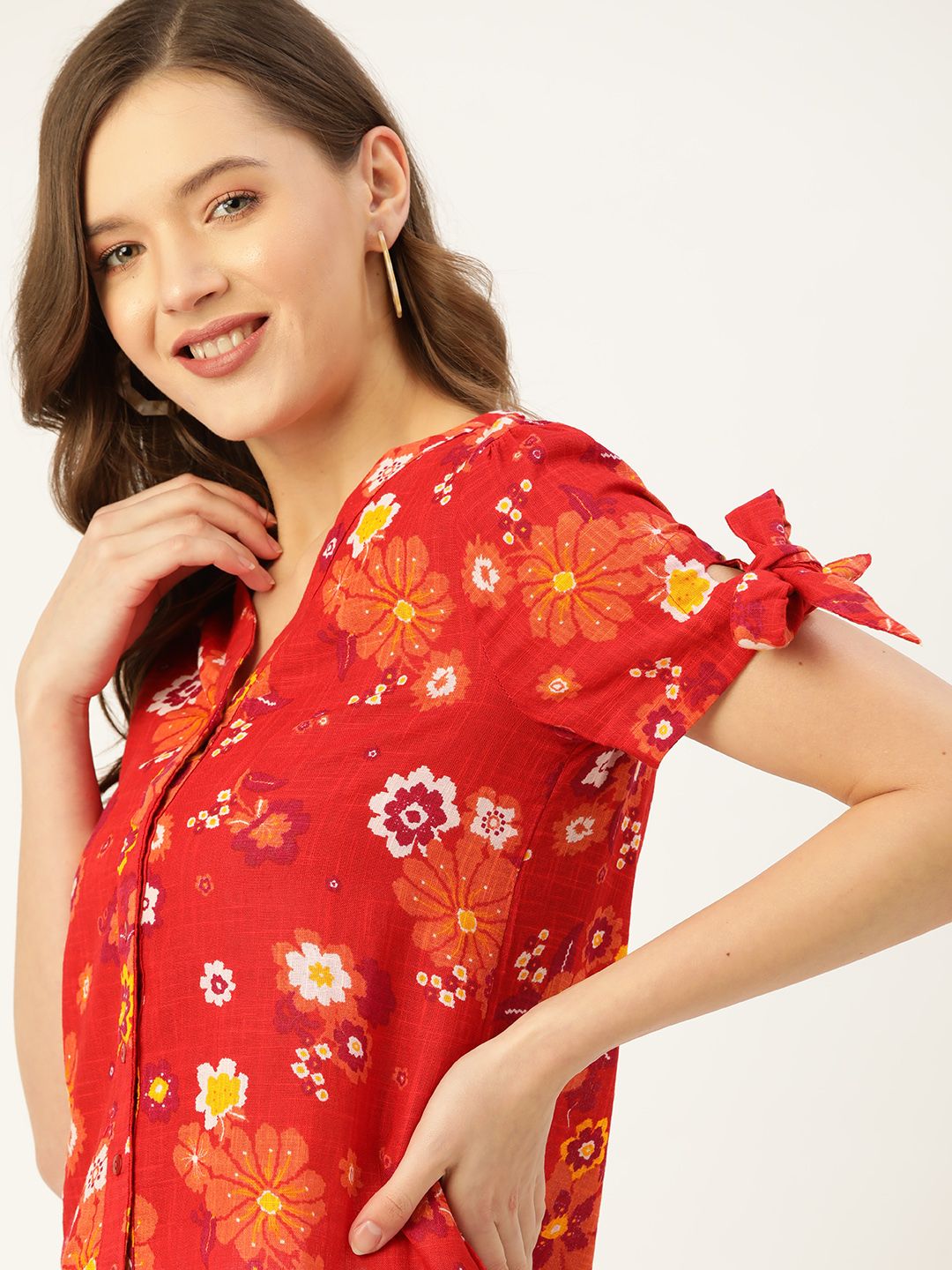 DressBerry Red & Orange Floral Puff Sleeve Regular Top