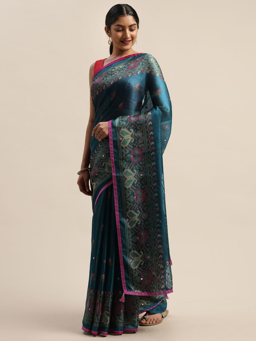 KALINI Teal Green & Pink Printed Bandhani Saree With Mirror Work