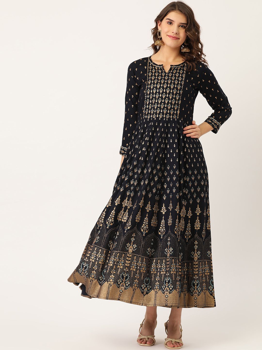 Maaesa Women Navy Blue & Golden Gotta Patti Work Printed A-Line Dress Price in India