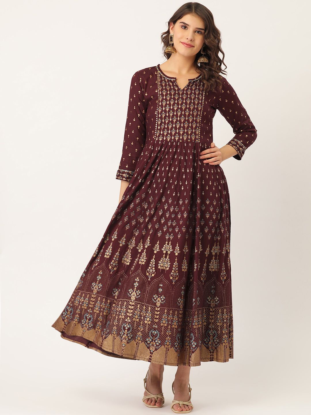 Maaesa Women Maroon & Golden Gotta Patti Work Printed A-Line Dress Price in India