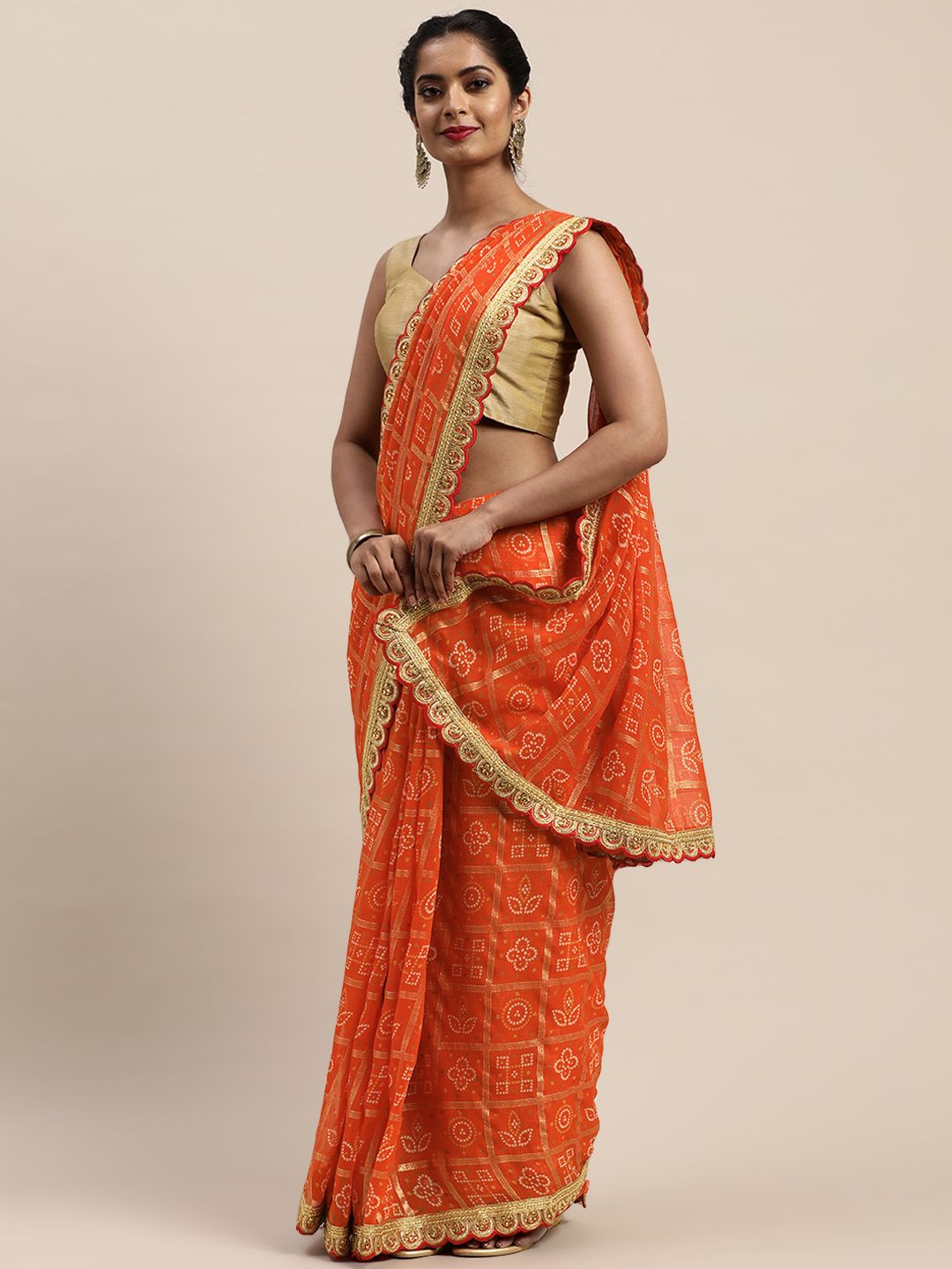 VASTRANAND Orange Poly Georgette Printed Bandhani Saree