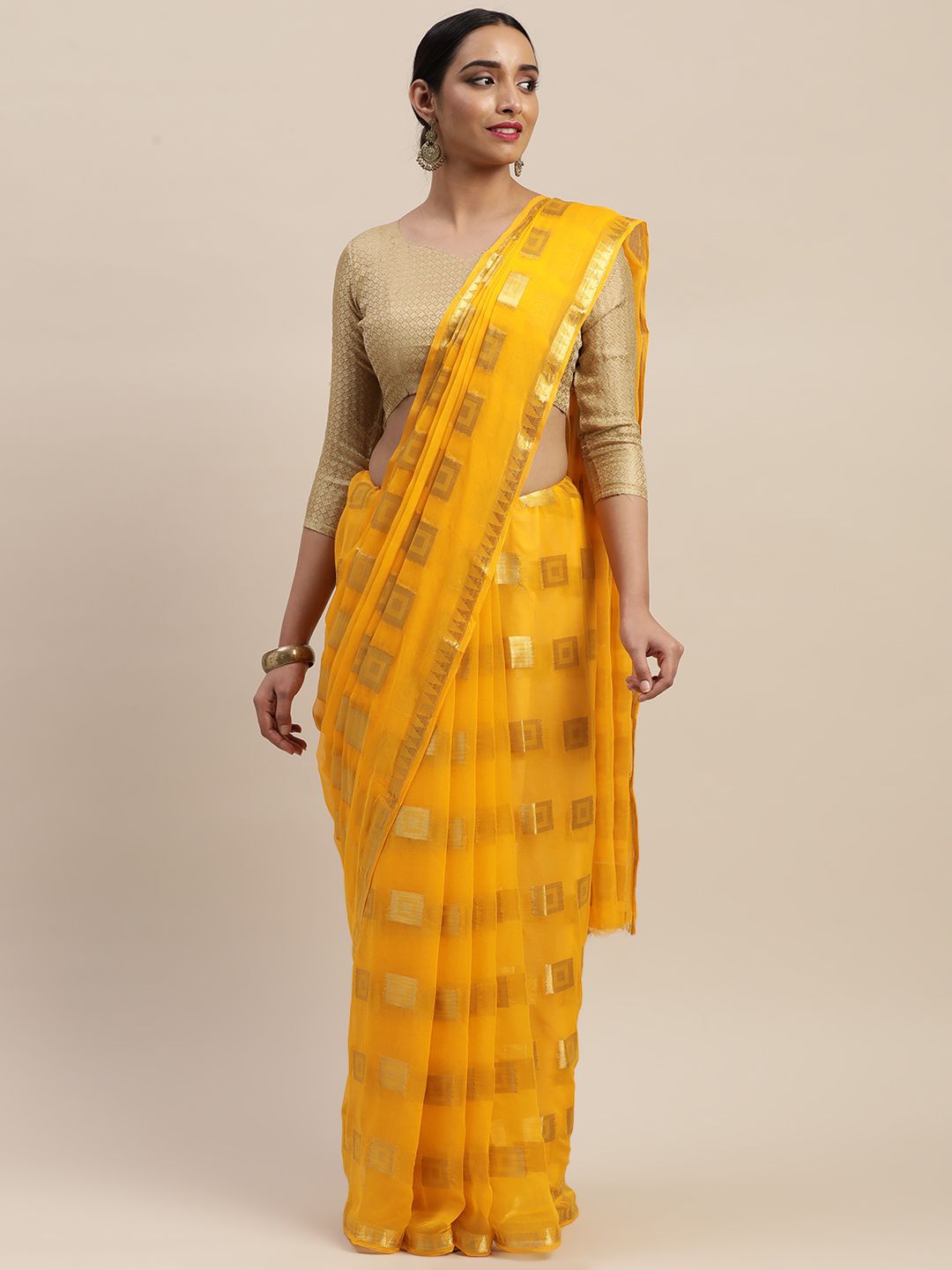 LADUSAA Mustard Yellow & Gold-Toned Printed Saree