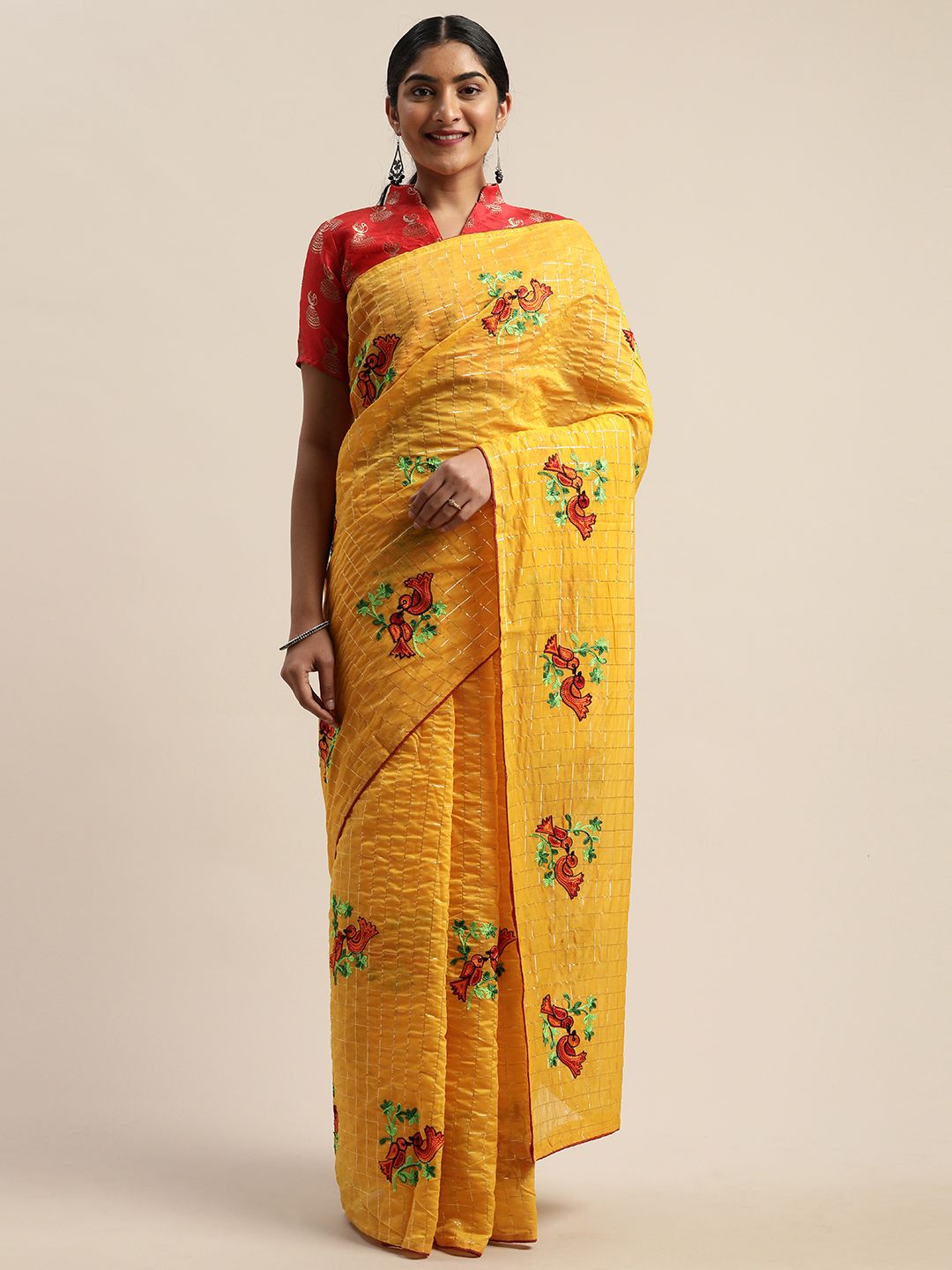 LADUSAA Yellow Silk Blend Checked with Embroidery Chanderi Saree