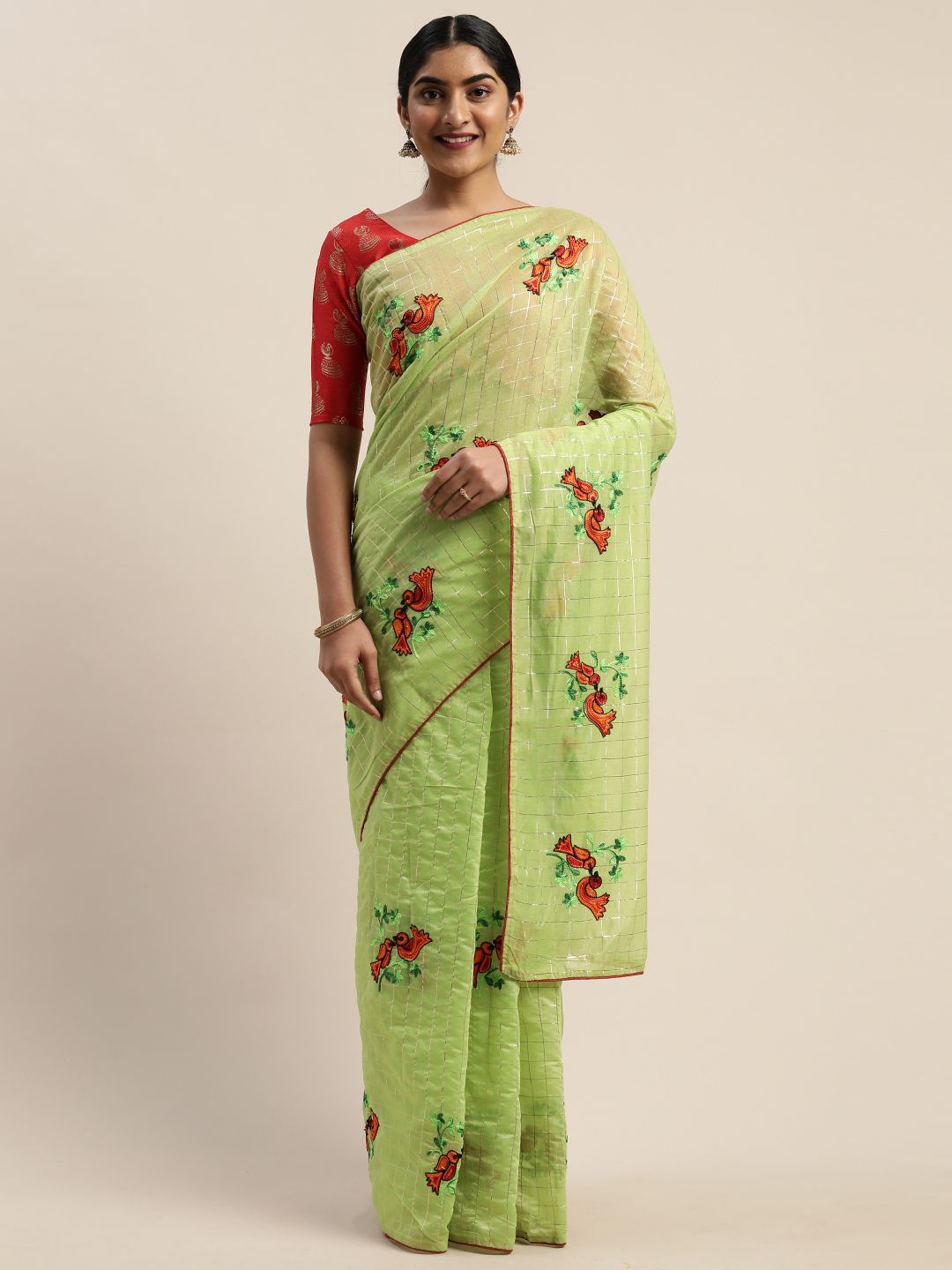 LADUSAA Green Silk Blend Embroidered Chanderi Saree