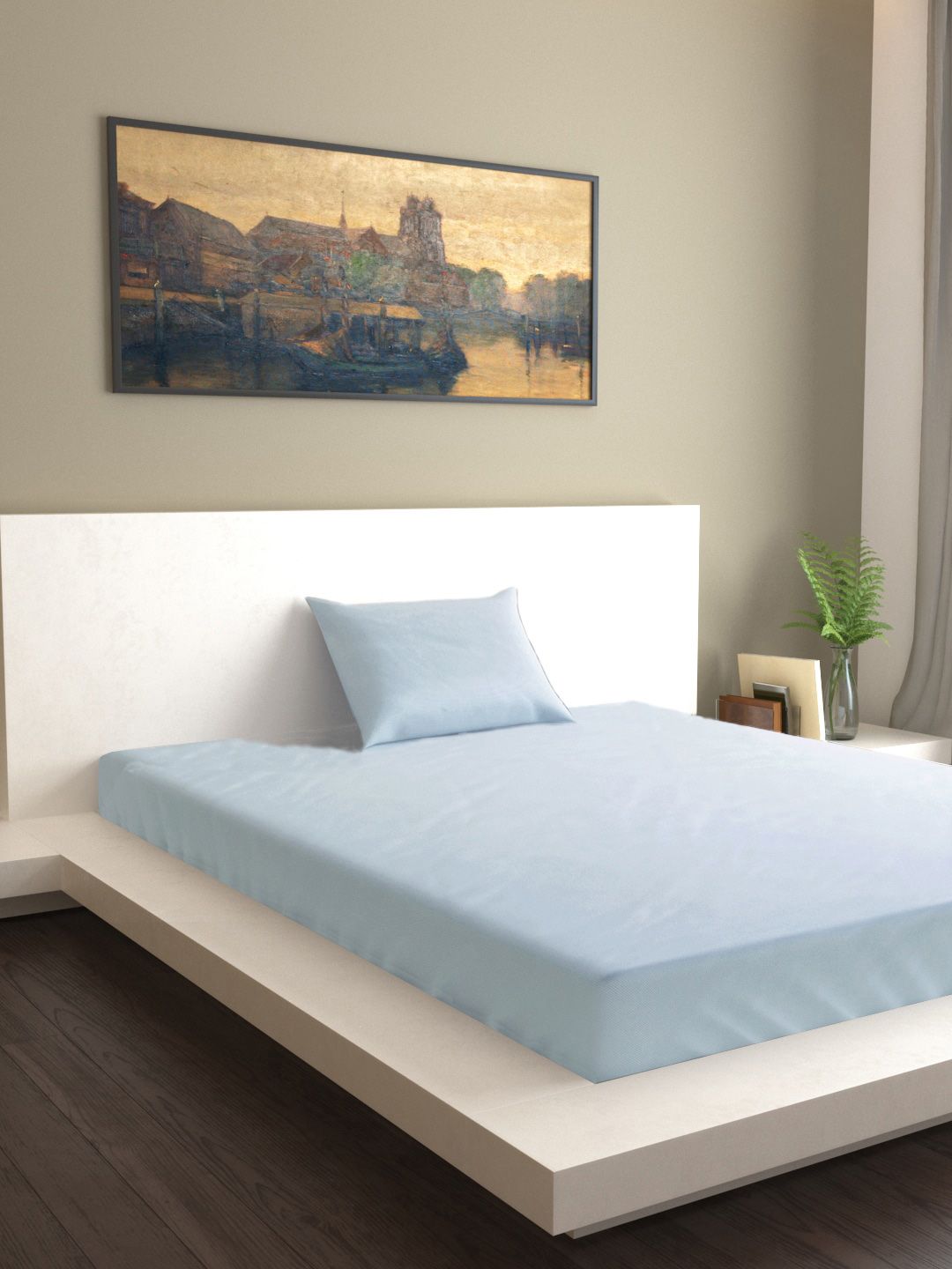MARK HOME Blue Solid 200 TC Single Bed 100% Cotton Bedsheet with Pillow Cover Price in India