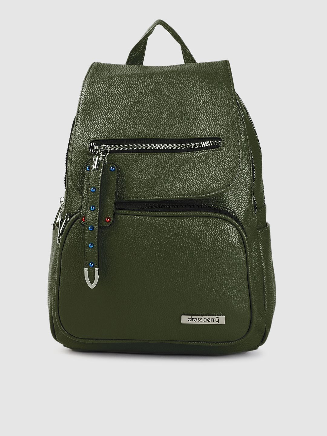 DressBerry Women Olive Green Tasselled Backpack Price in India