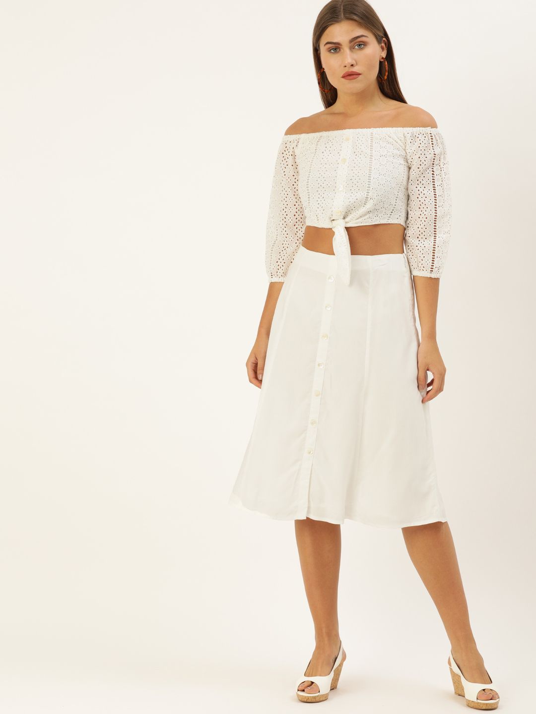 AND Women White Embroidered Off Shoulder Schiffli Tie-Up Detailed Crop Top with Skirt