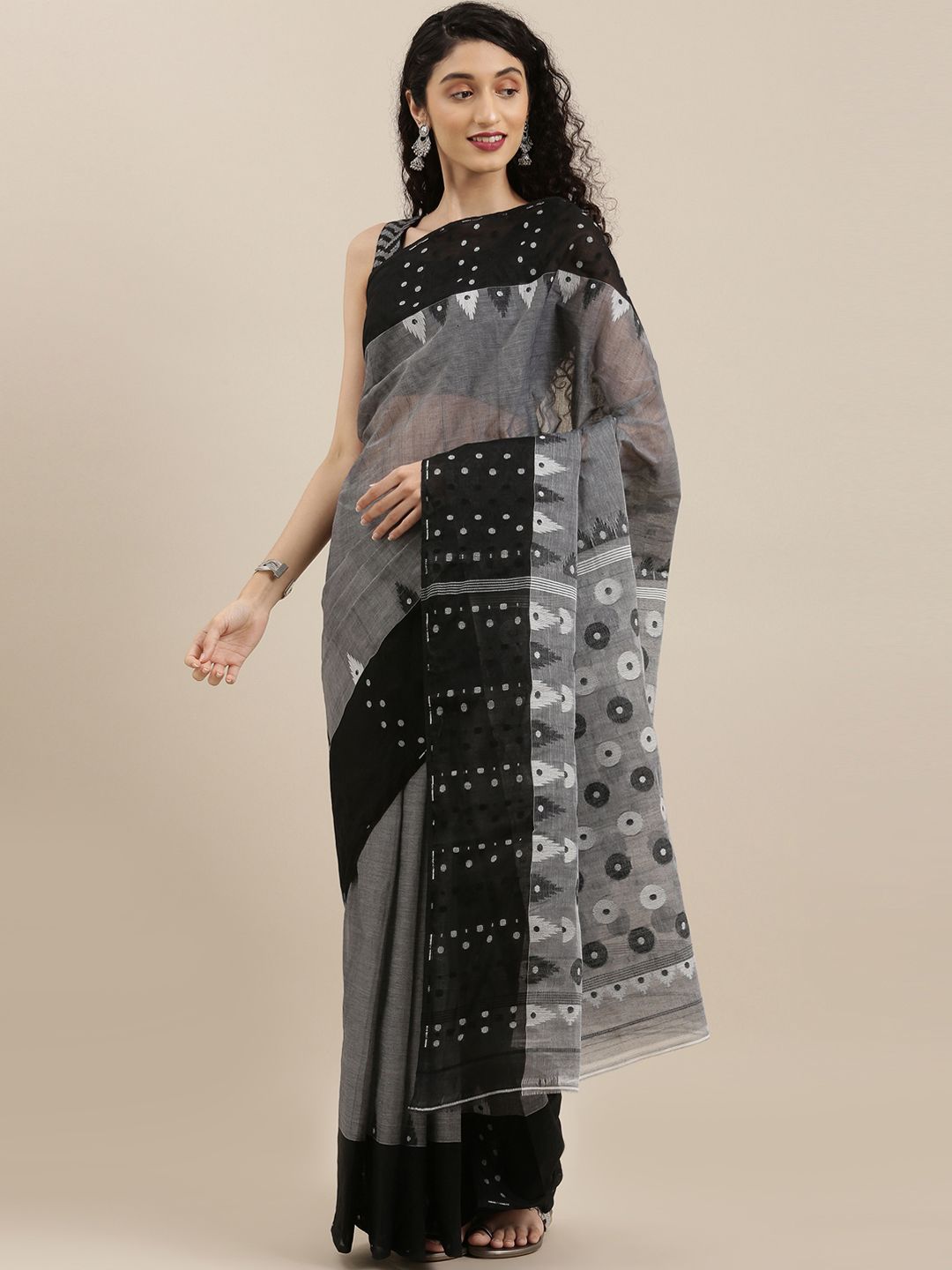 The Chennai Silks Grey & Black Pure Cotton Woven Design Taant Saree