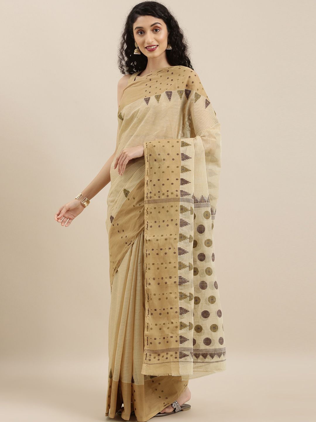 The Chennai Silks Brown & White Pure Cotton Striped Taant Saree