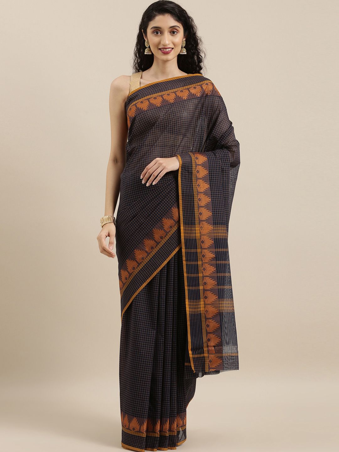 The Chennai Silks Classicate Navy Blue & Orange Pure Cotton Checked Chettinad Saree