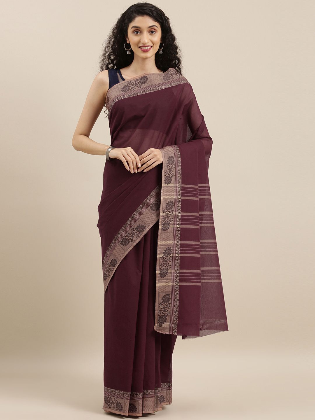 The Chennai Silks Classicate Maroon Pure Cotton Solid Chettinad Saree