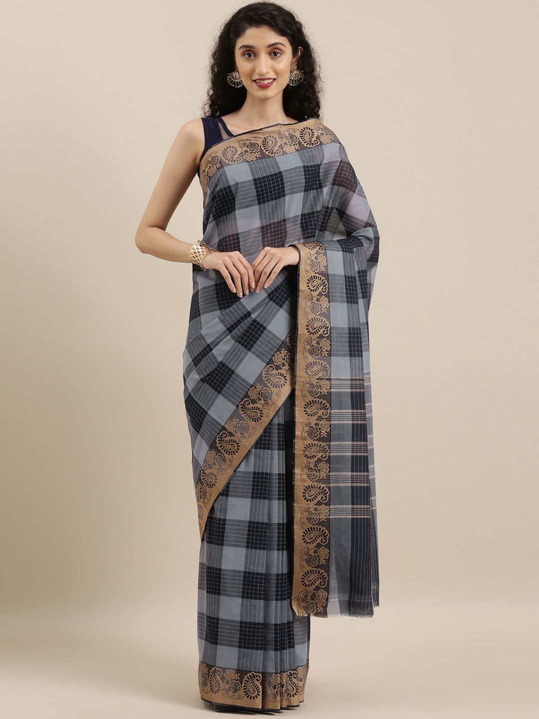 The Chennai Silks Grey & Black Pure Cotton Checked Chettinad Saree