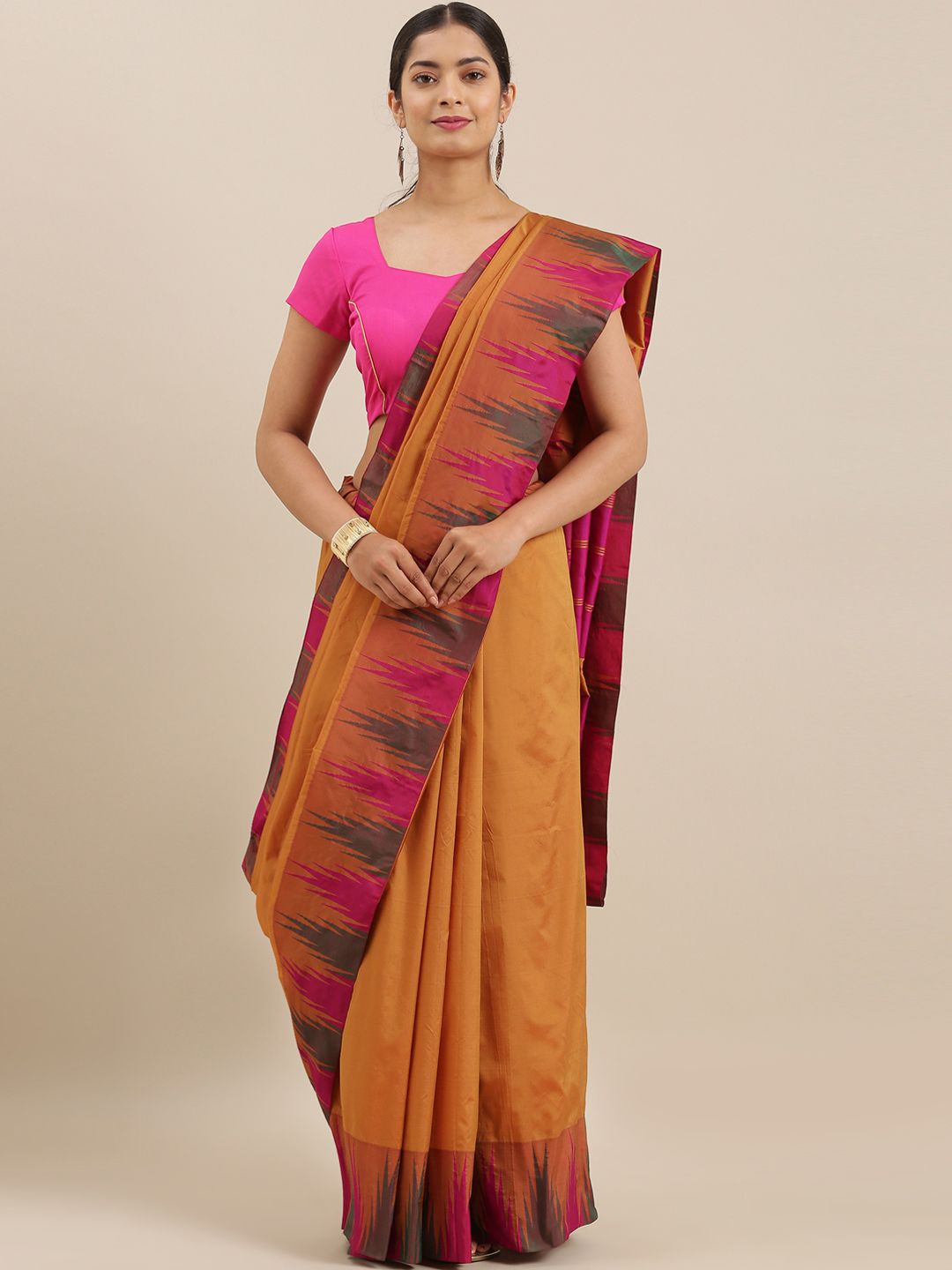 The Chennai Silks Mustard Yellow Solid Pure Kadiyal Silk Saree