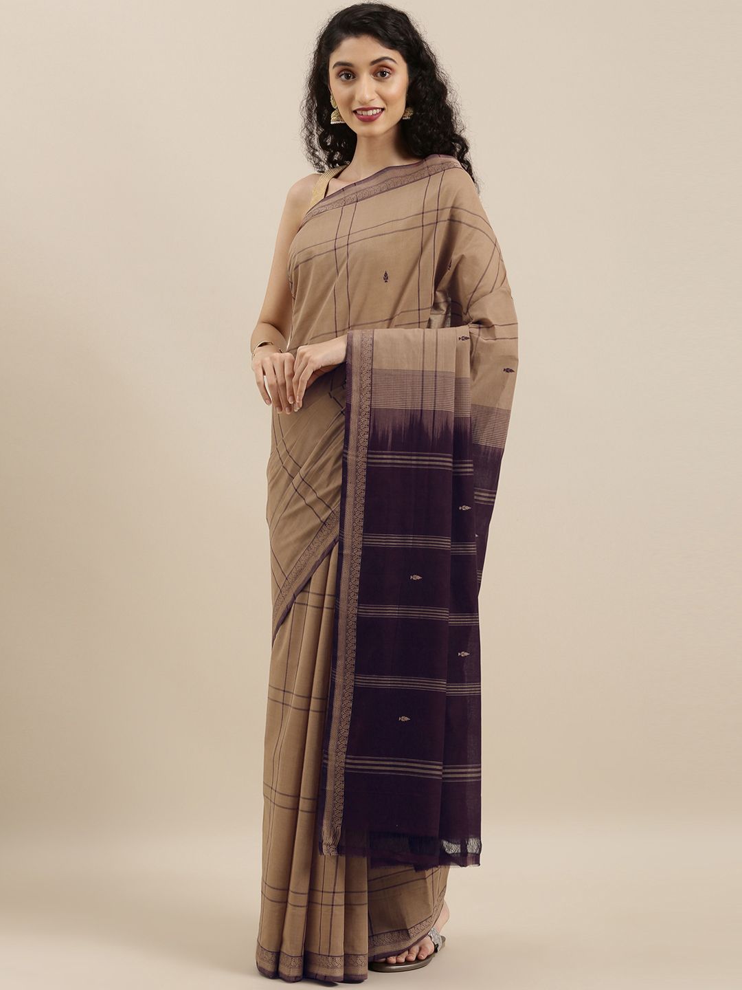 The Chennai Silks Brown & Purple Pure Cotton Checked Saree