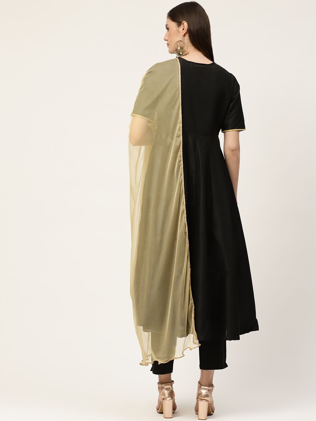 Buy all about you Women Black & Golden Yoke Embroidered A-Line Dress with  Dupatta - Ethnic Dresses for Women 13351214 | Myntra