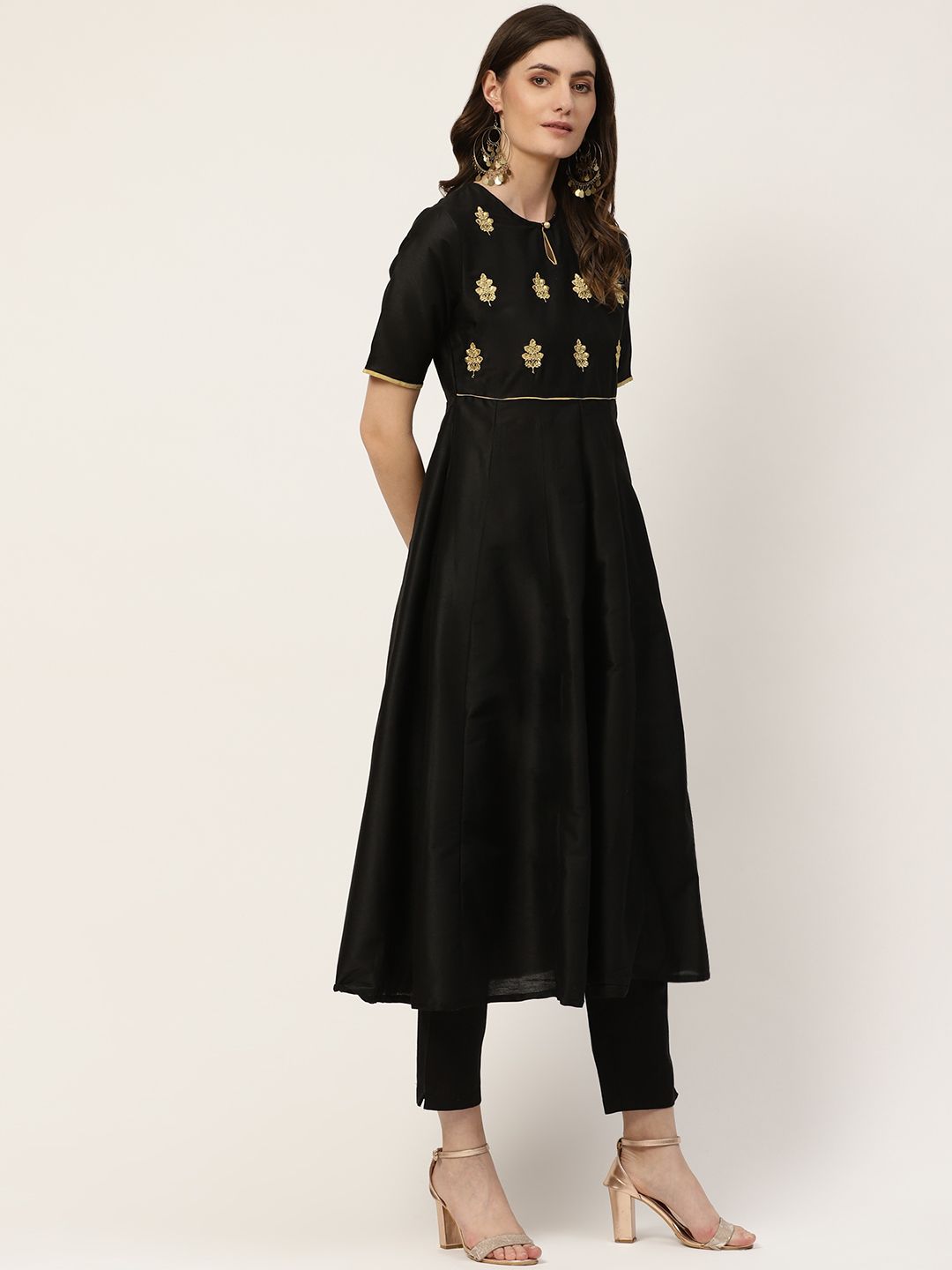 Buy all about you Women Black & Golden Yoke Embroidered A-Line Dress with  Dupatta - Ethnic Dresses for Women 13351214 | Myntra