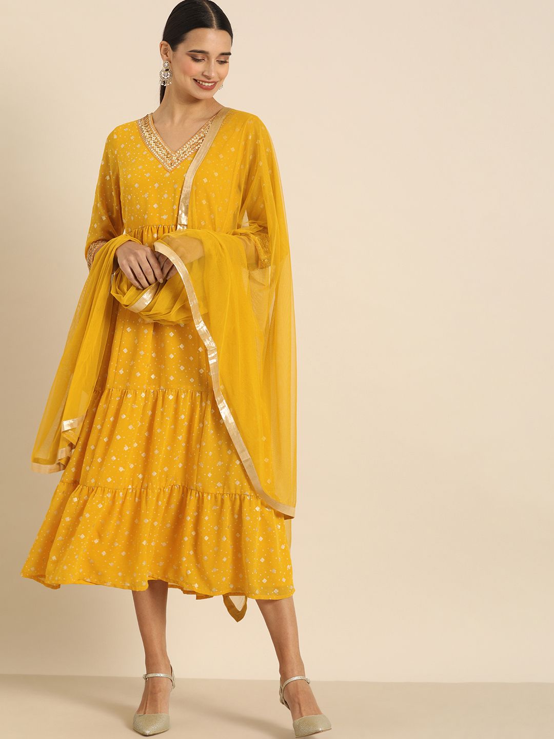 all about you Women Mustard Yellow & Gold-toned Printed A-Line Dress With Dupatta