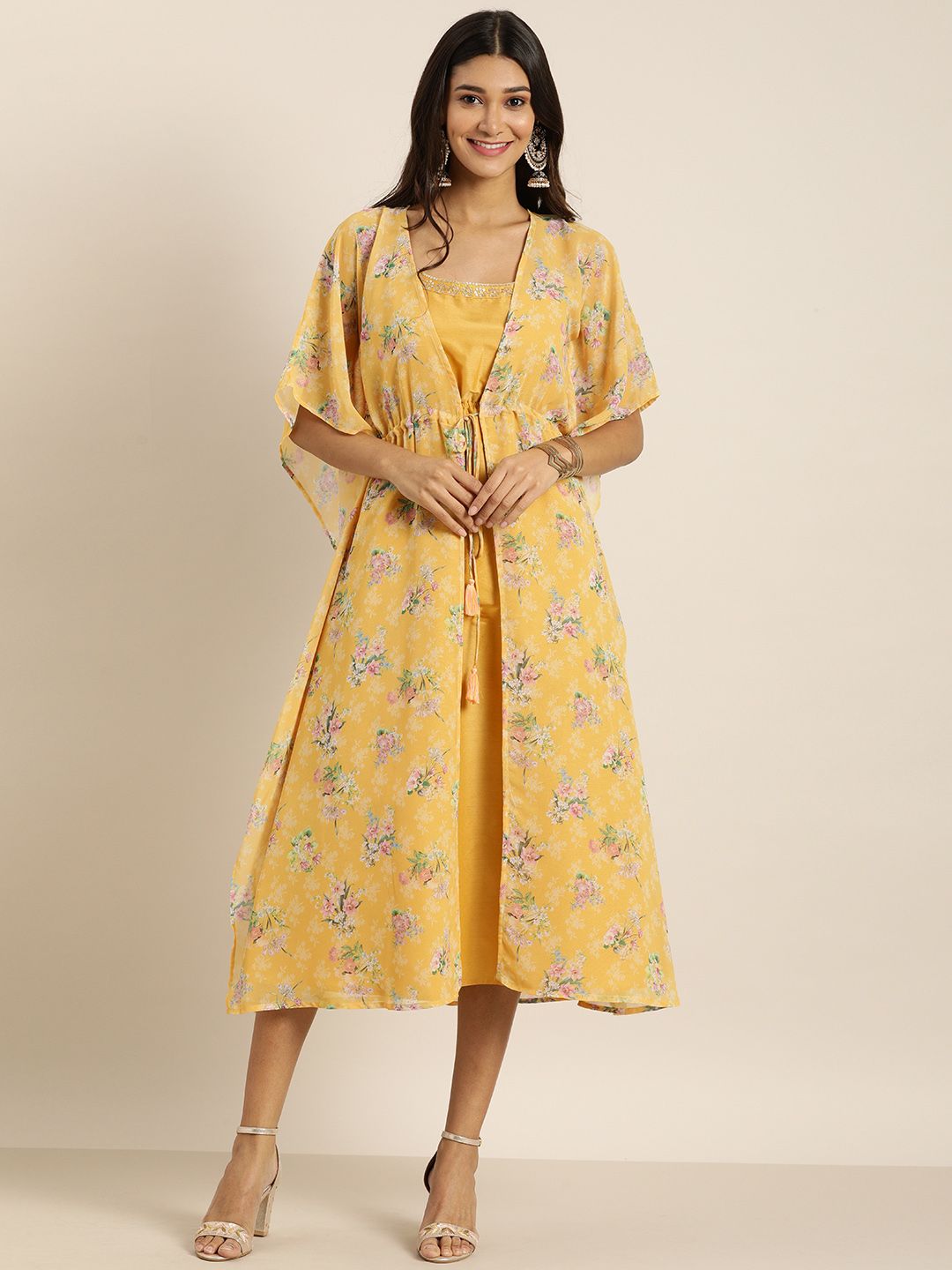 all about you Mustard Yellow and Pink Floral Fit and Flare Midi Dress