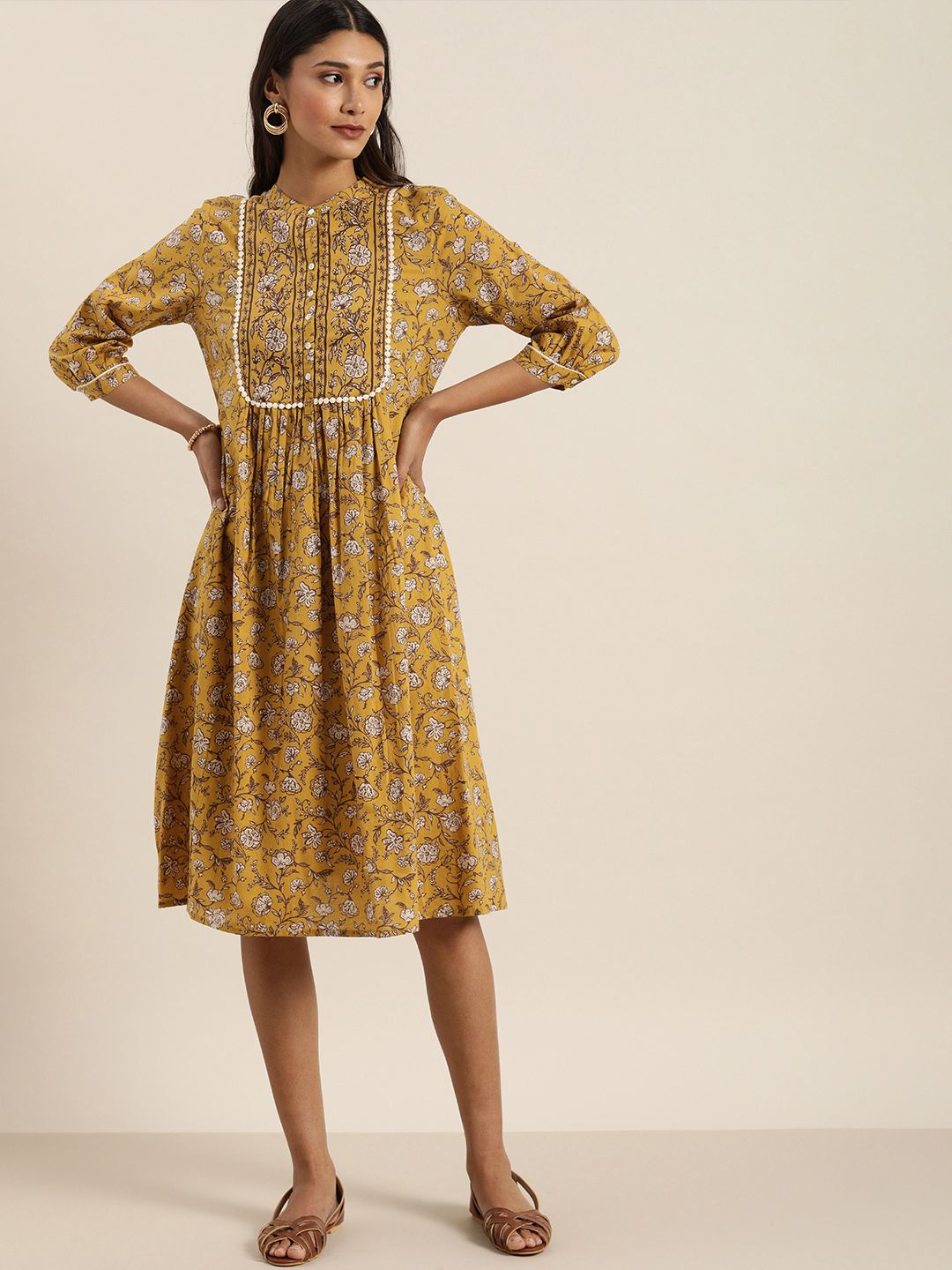 all about you Women Mustard Yellow & Brown Floral Printed A-Line Dress Price in India