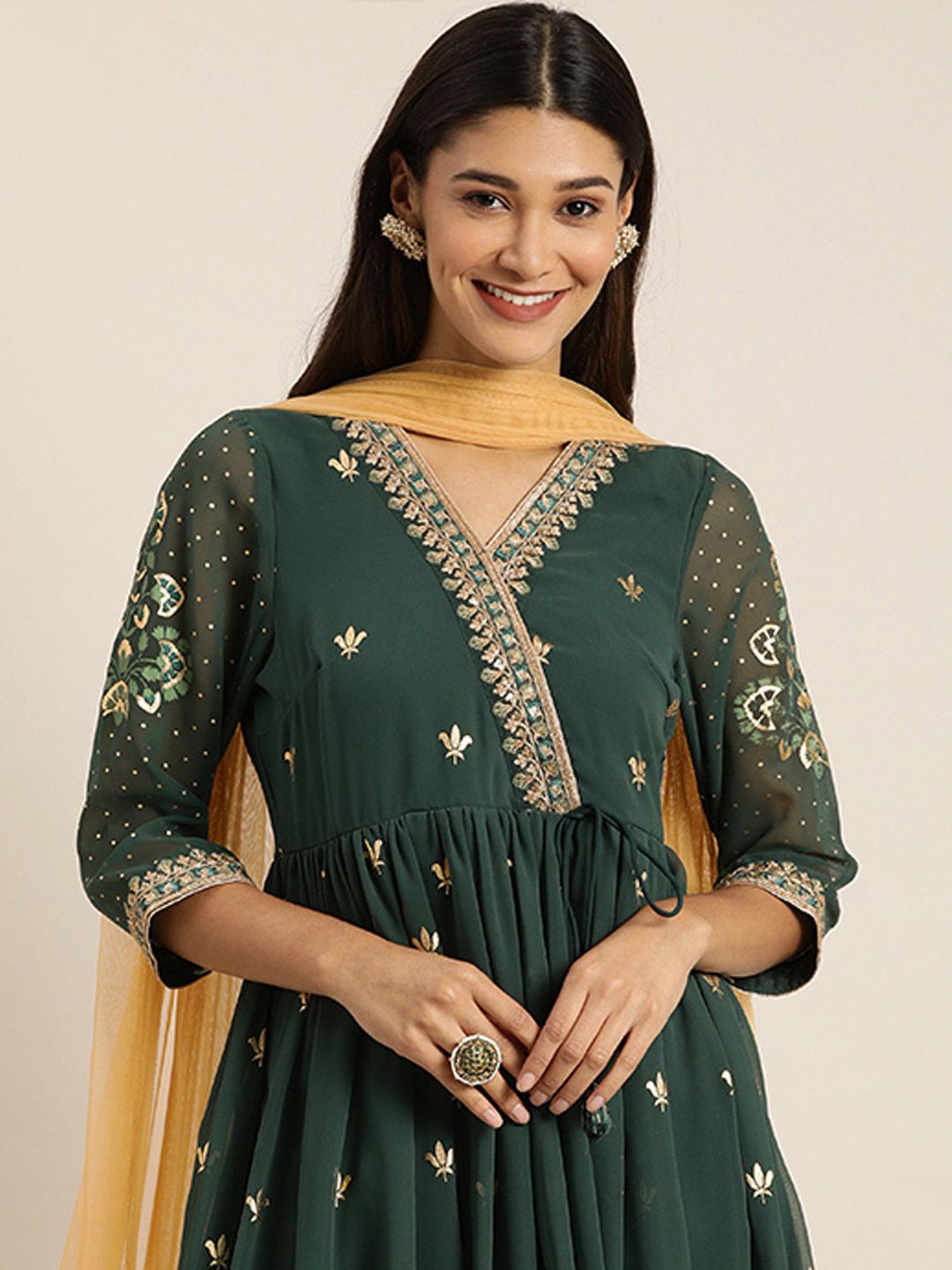 all about you Women Green & Yellow Embroidered Wrap Dress With Dupatta