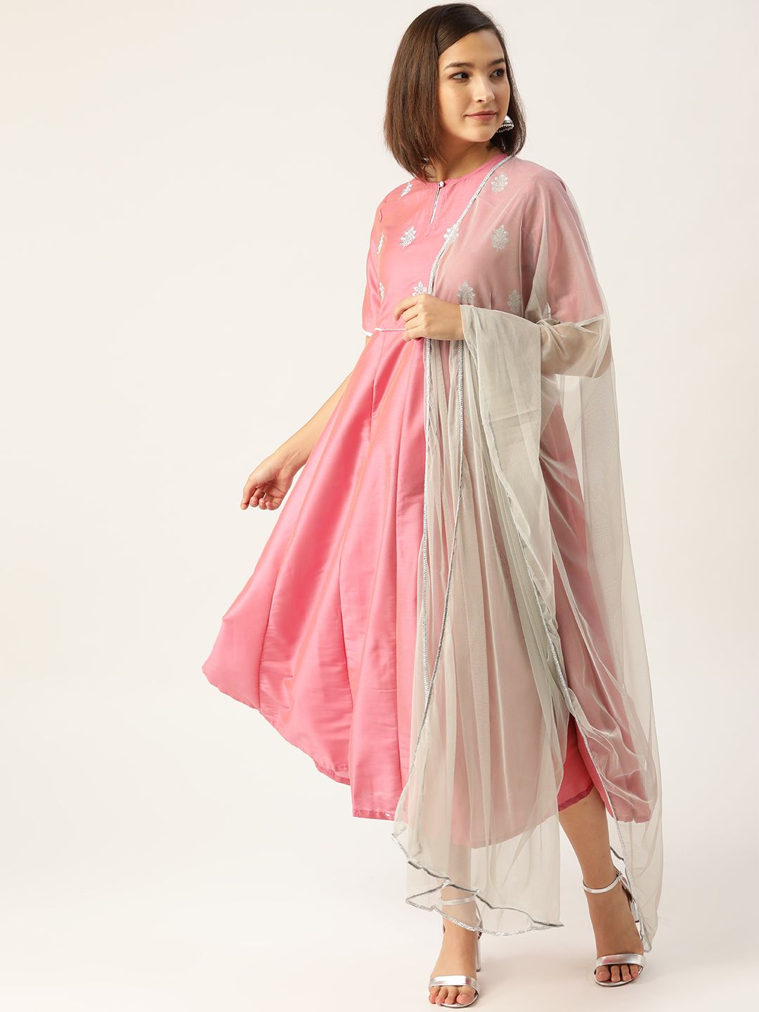 all about you Pink & Silver Yoke Embroidered Keyhole Neck Midi A-Line Dress With Dupatta