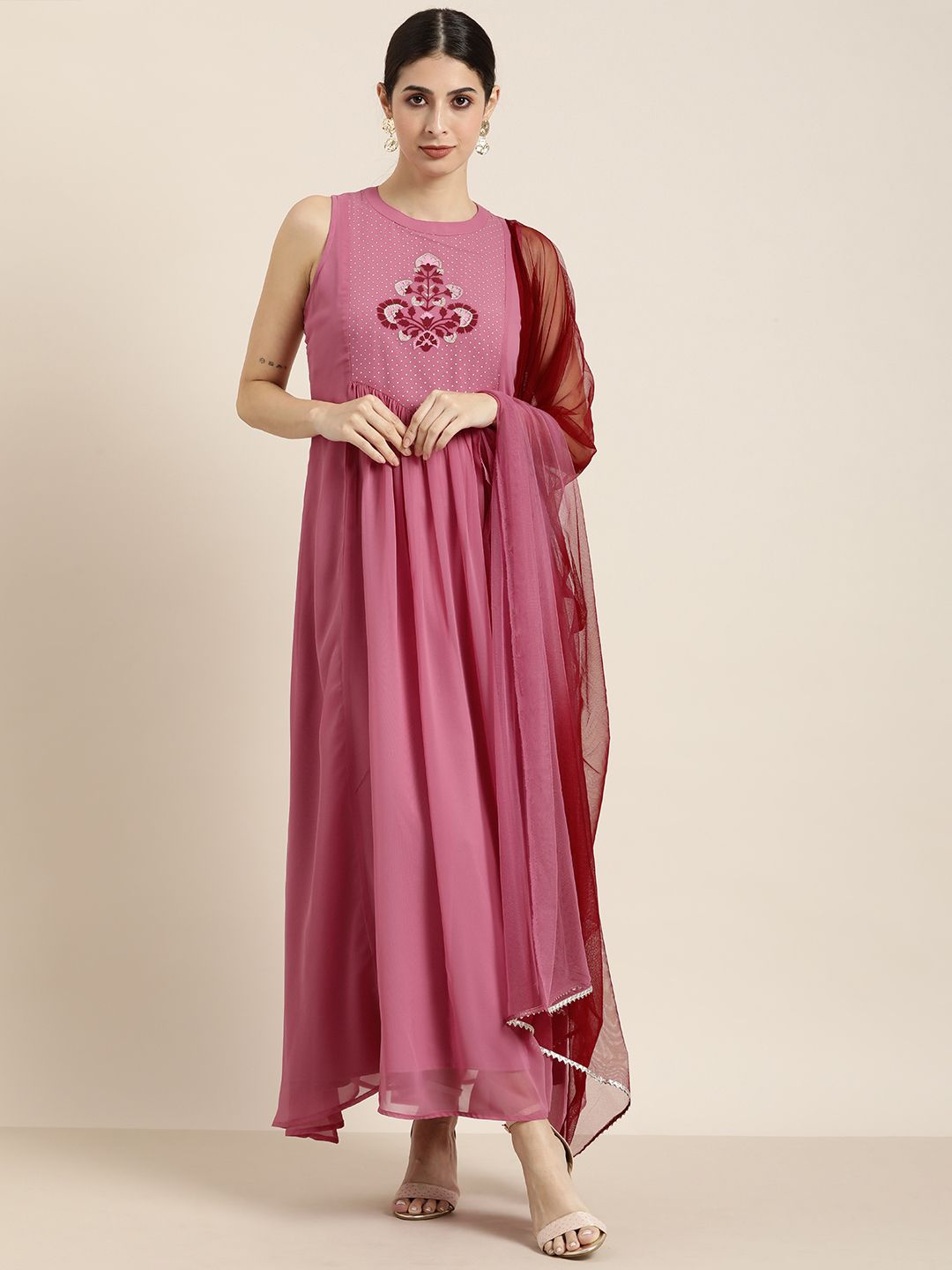 all about you Pink Printed Maxi Dress with Dupatta