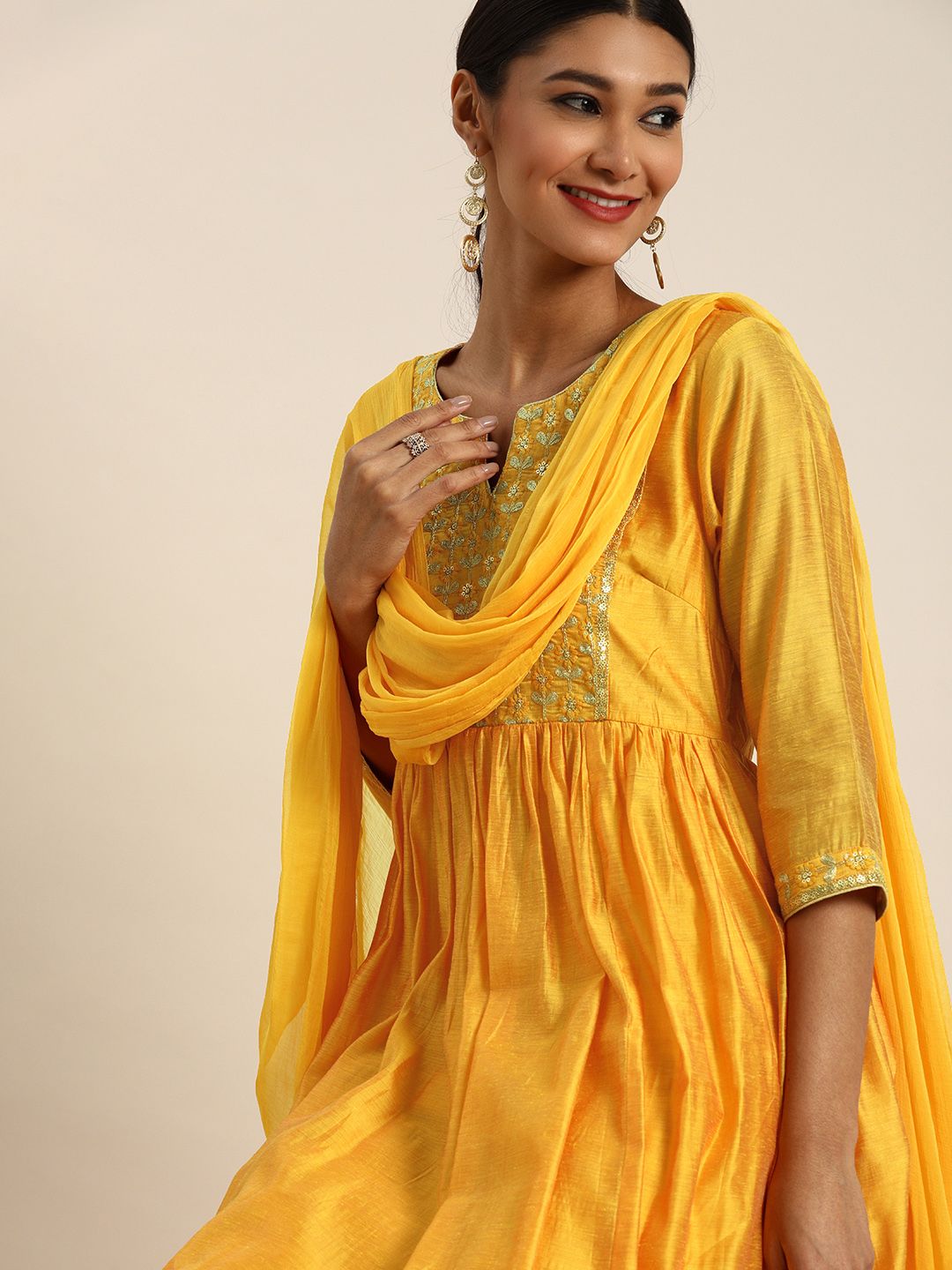 all about you Women Mustard Yellow Embroidered Kurta with Trousers & Dupatta Price in India