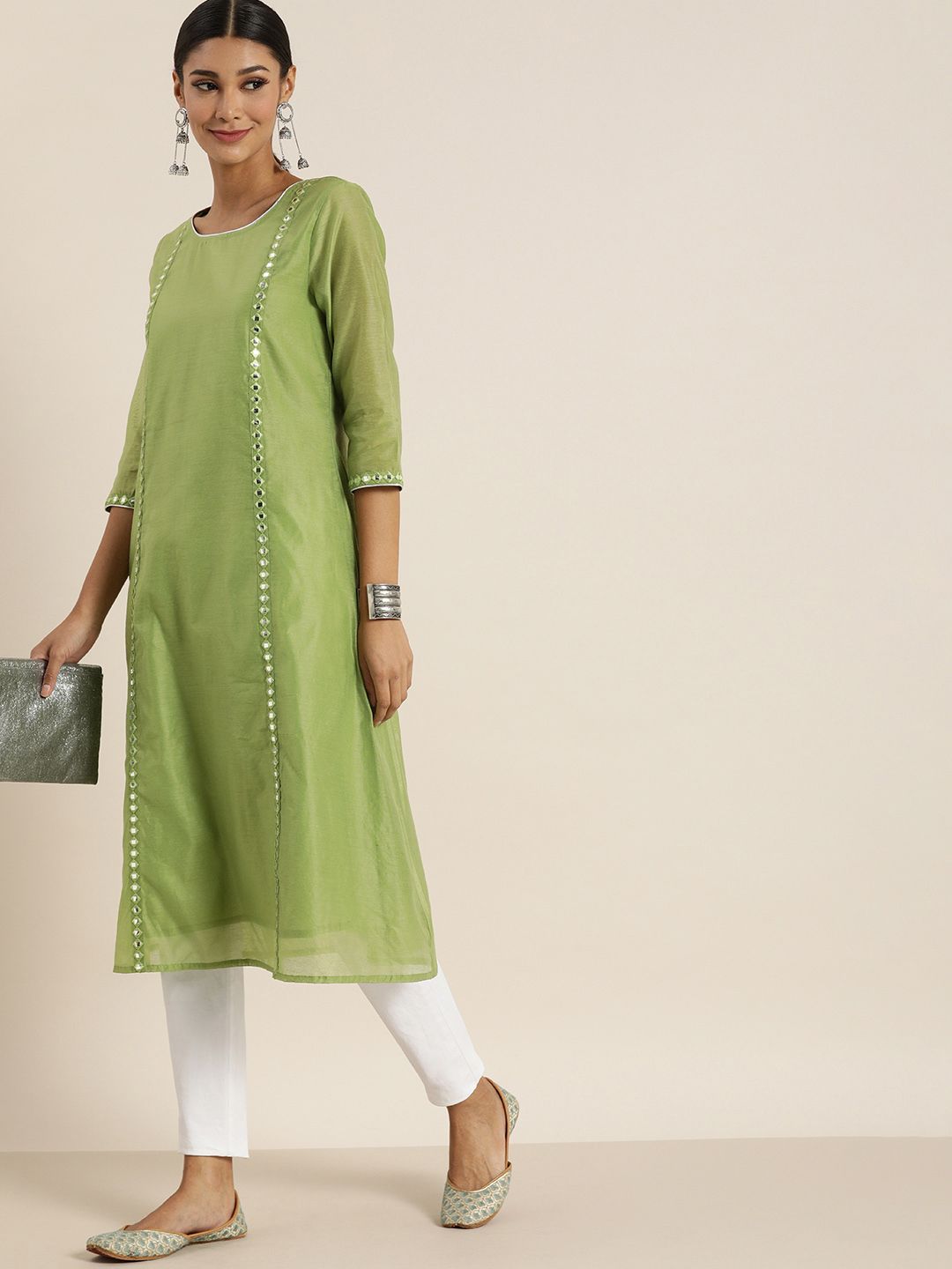 all about you Women Green Mirror Work Embellished Kurta Price in India