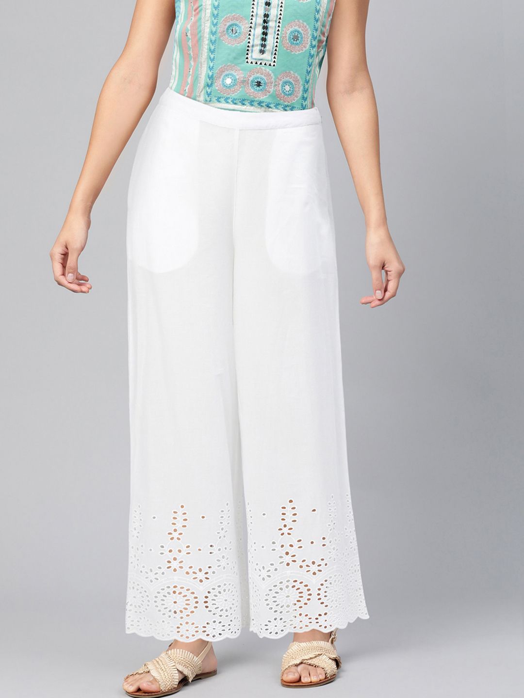 Global Desi Women White Solid Straight Palazzos with Schiffli Embroidered Detail Price in India
