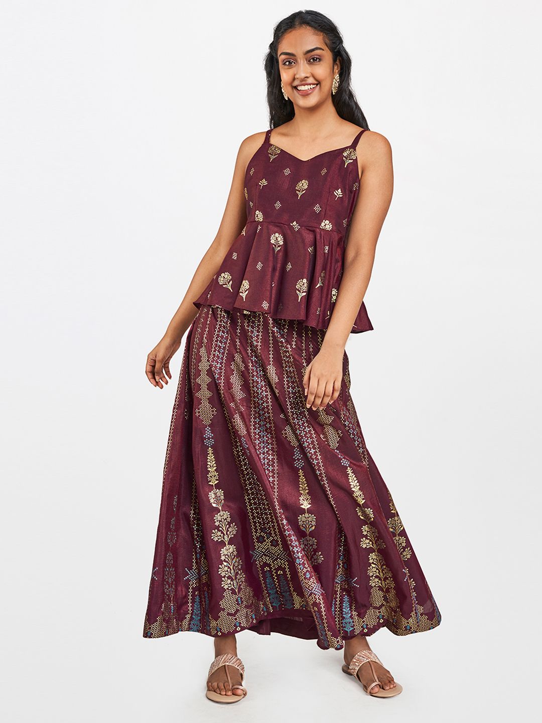 Global Desi Women Brown & Gold-Toned Printed Top with Skirt Price in India