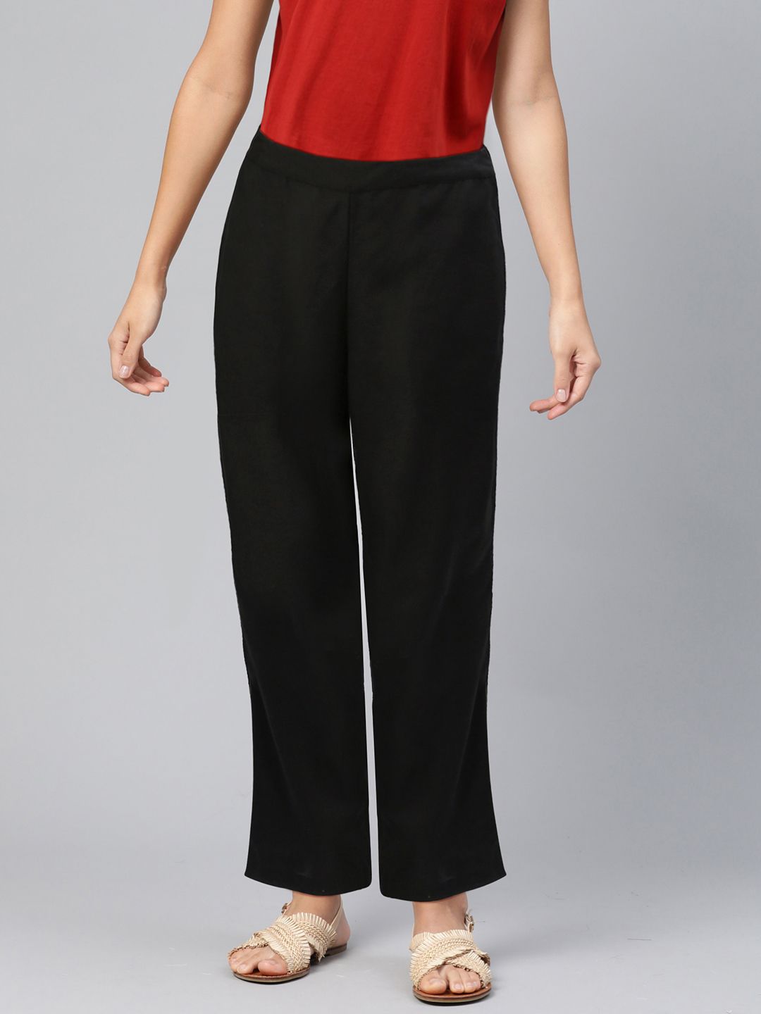 Global Desi Women Black Regular Fit Solid Parallel Trousers Price in India