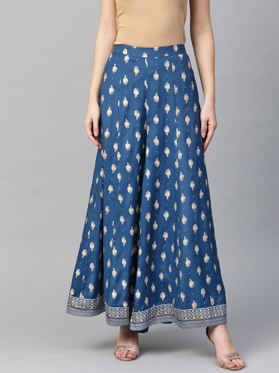 Global Desi Women Ecovero Navy Blue & Golden Printed Wide Leg Palazzos Price in India