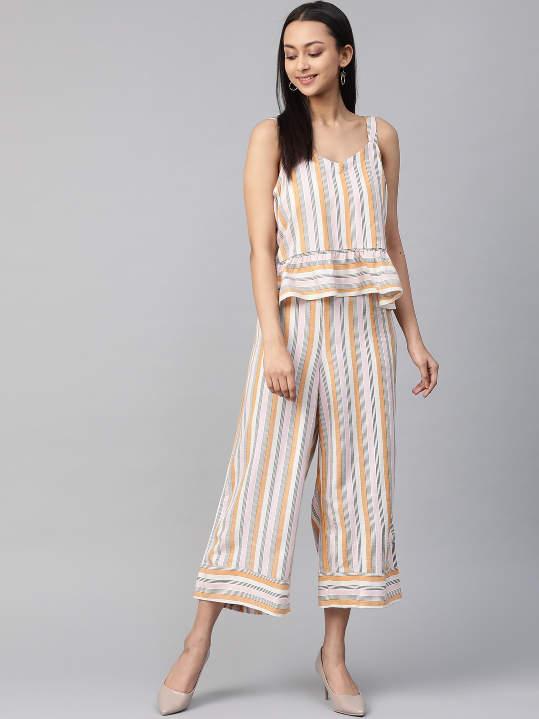 Global Desi Women Off-White & Mustard Yellow Striped Top with Palazzos Price in India