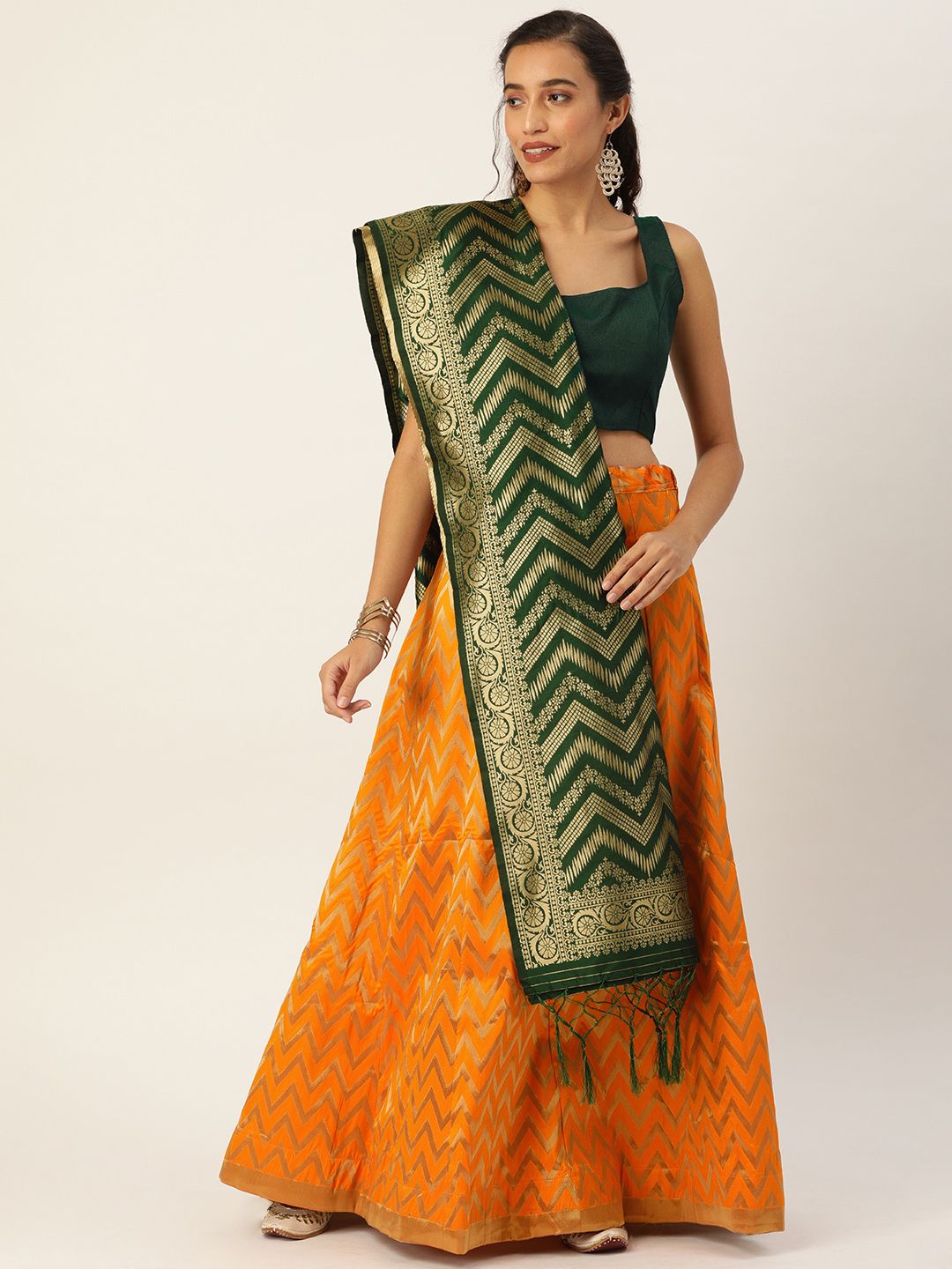 Shaily Mustard Yellow & Green Solid Semi-Stitched Lehenga & Blouse with Dupatta