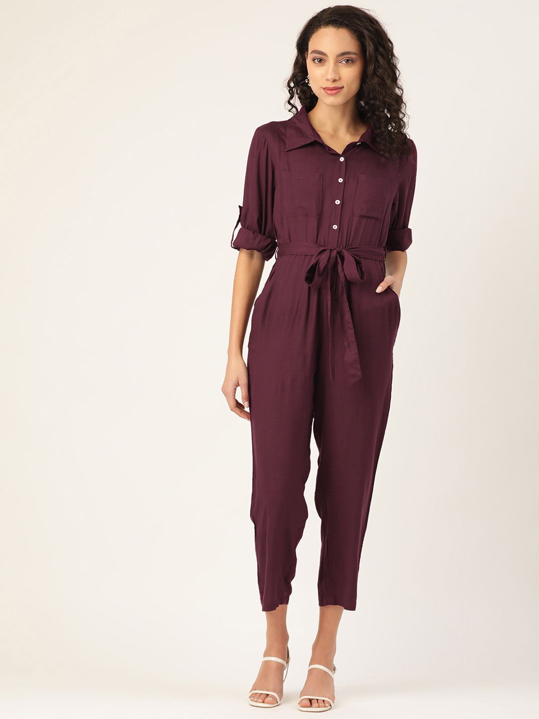 The Dry State Women Purple Solid Shirt Collar Cropped Basic Jumpsuit Price in India