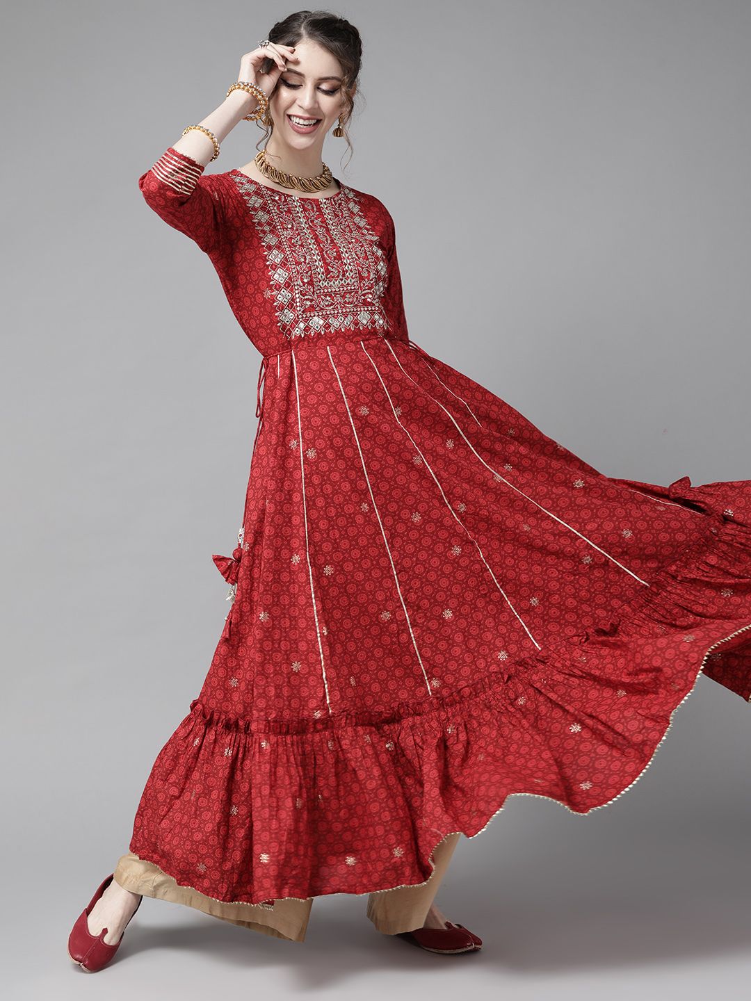 Ishin Women Red Yoke Design Anarkali Kurta Price in India