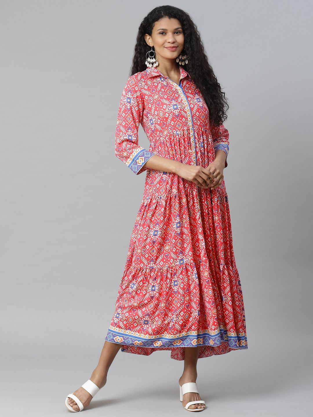 Rangriti Women Coral Pink & White Tiered Ikkat Printed Shirt Dress Price in India