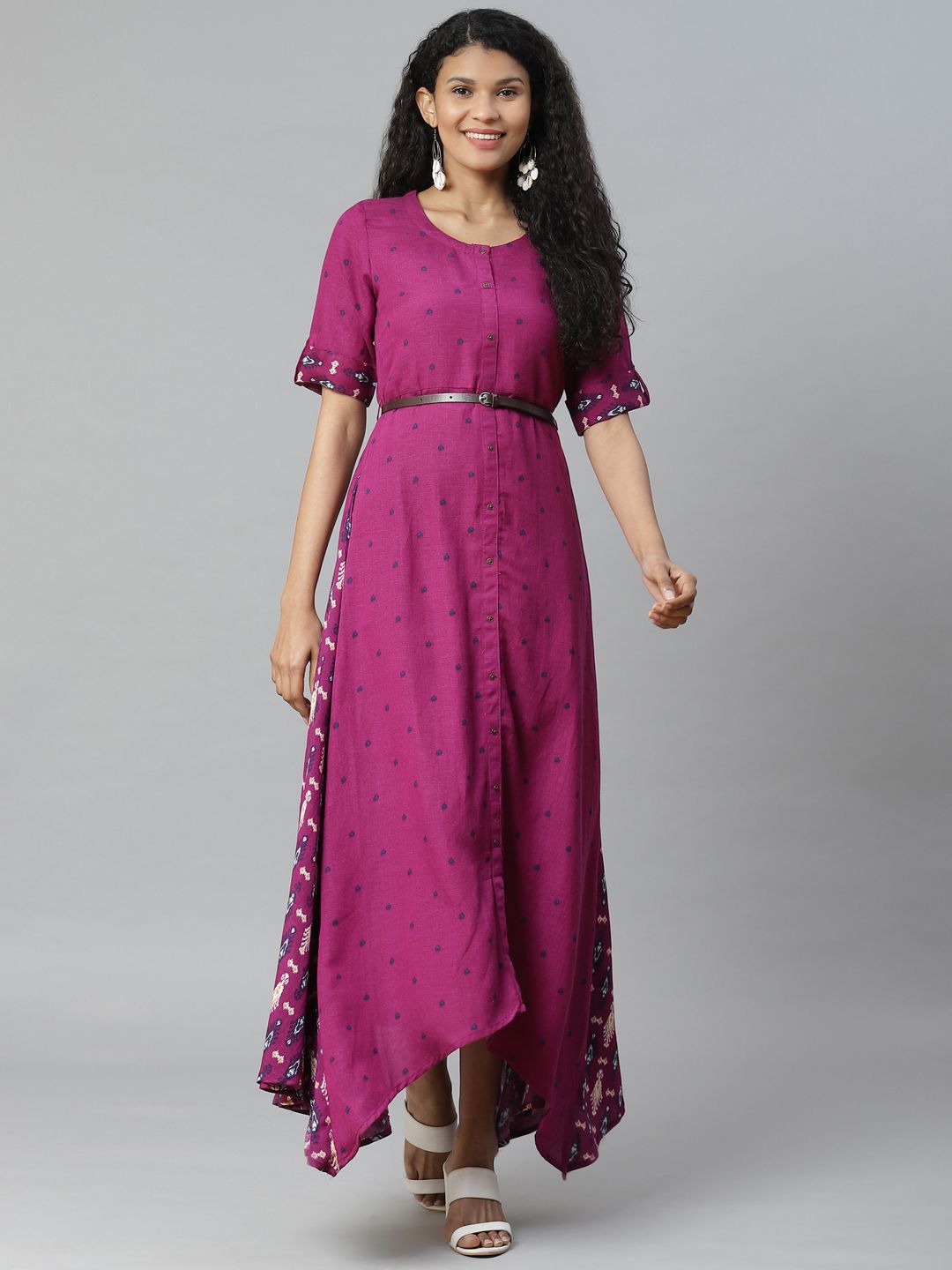 Rangriti Women Purple & Navy Blue Ikkat Printed Maxi Dress with Belt Price in India