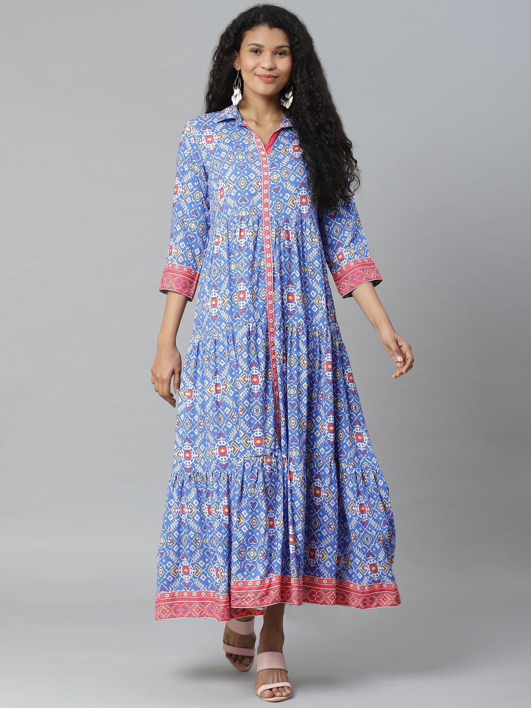 Rangriti Women Blue & Pink Tiered Printed Maxi Dress Price in India