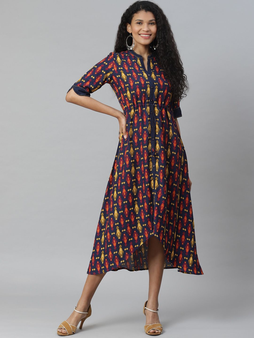 Rangriti Women Navy Blue & Orange Printed Liva High-Low A-Line Dress Price in India