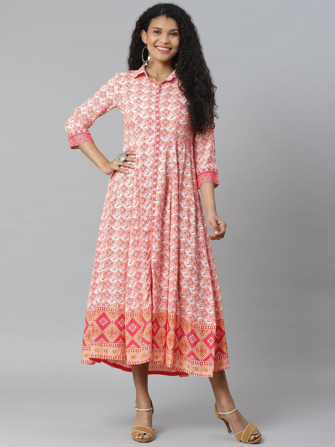 Rangriti Women Pink & White Liva Printed Shirt Maxi Dress Price in India