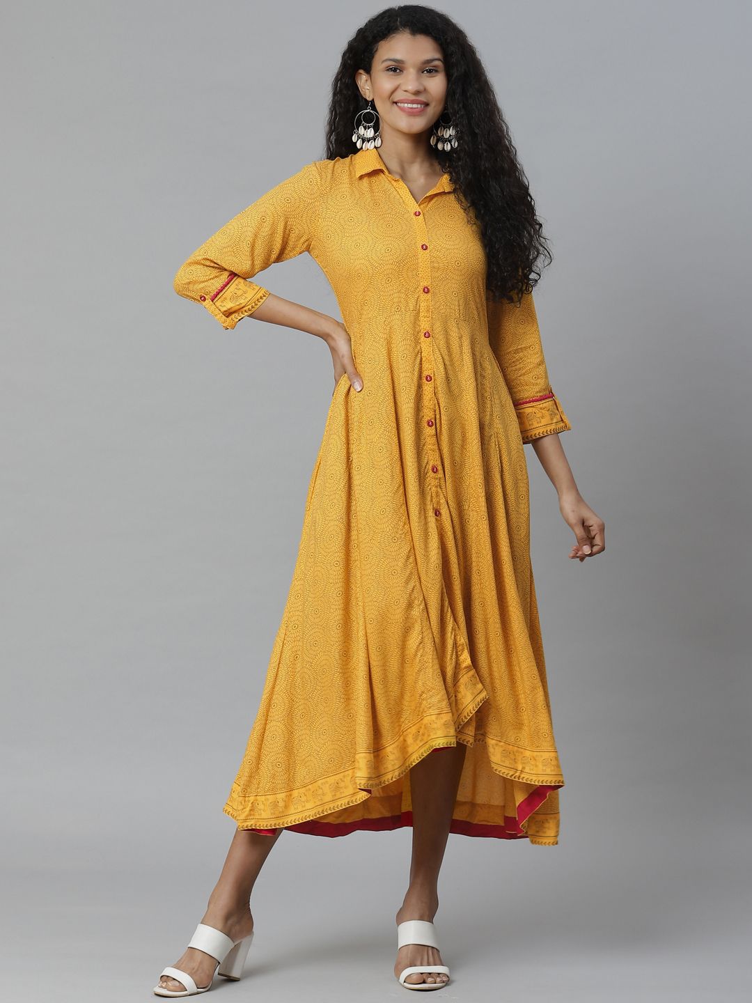 Rangriti Women Mustard Yellow & Brown Printed Liva High-Low Shirt Dress Price in India