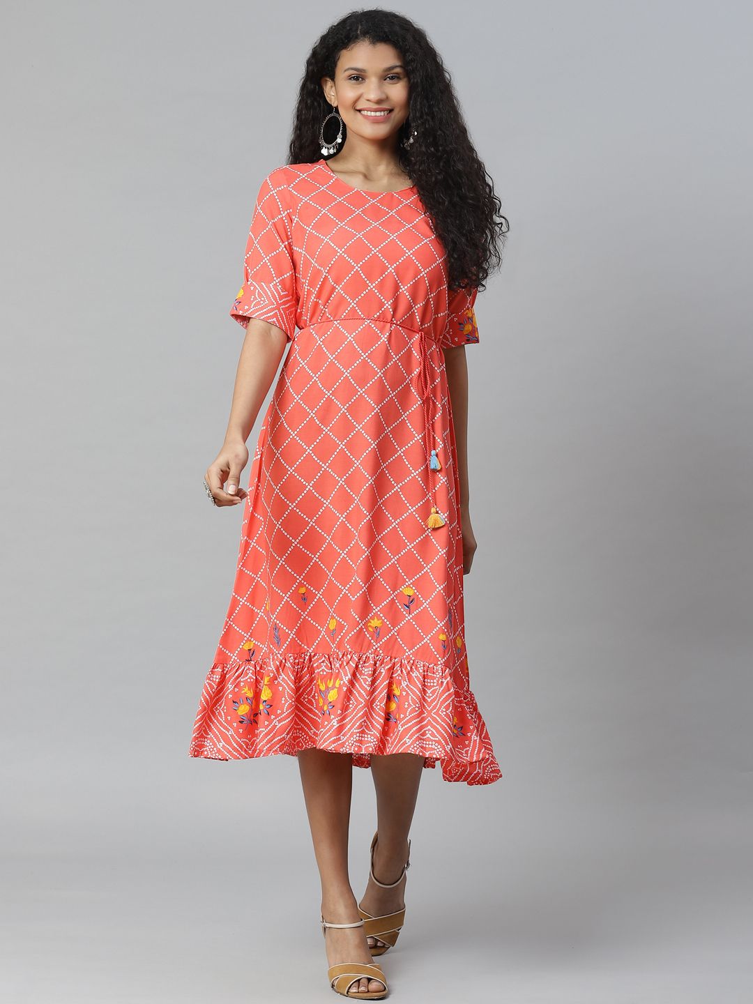 Rangriti Women Coral Pink & White Liva Checked A-Line Dress With Belt Price in India